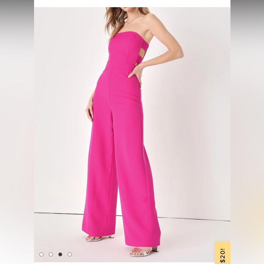 NWT Lulus Inspirational Hot Pink Strapless Cutout Wide Leg Jumpsuit. SHIPS FREE!